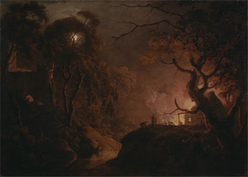 Cottage on fire at night, oil painting by Joseph Wright of Derby