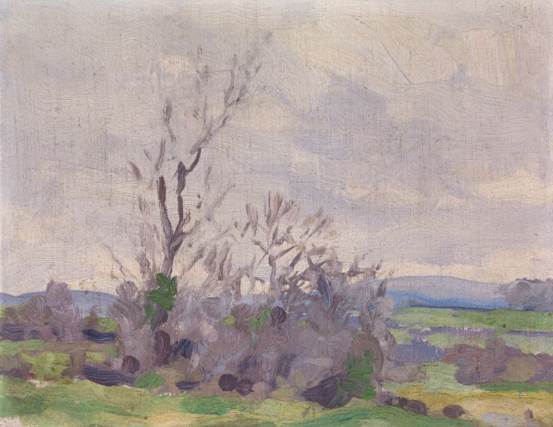 A Landscape de Michael Healy, impresionismo, que representa un horizonte tranquilo con tonos de lavanda y oro.