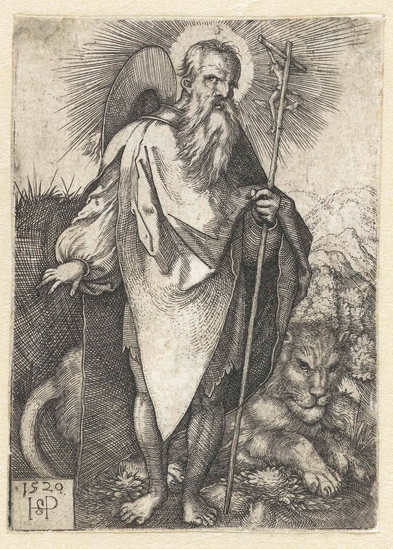 Engraving by Hans Sebald Beham depicting Saint Jerome with a crucifix and a lion.