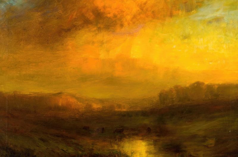 Golden Sunset de Charles P. Appel, pintura al óleo que muestra un vibrante atardecer sobre un paisaje.