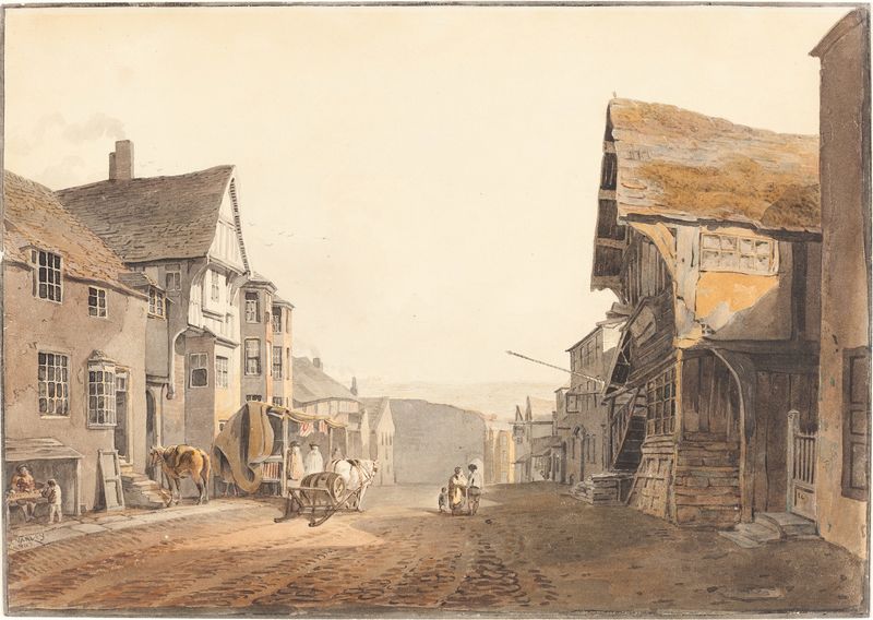 Watercolour by John Varley depicting hills and light in a landscape.