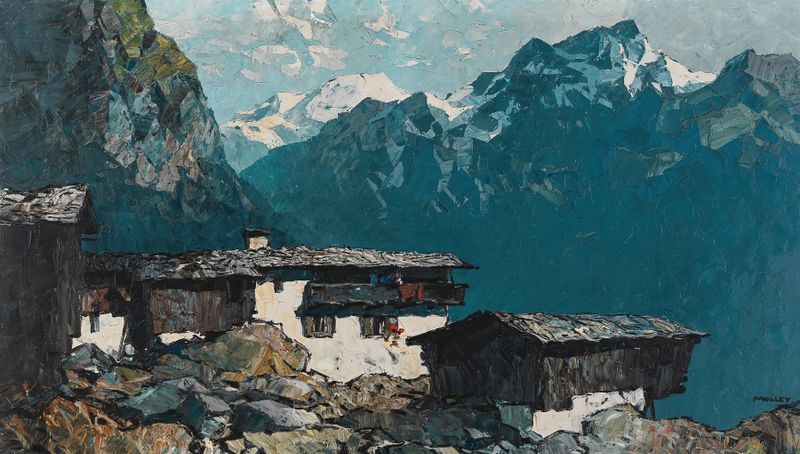 Bergbauernhaus by Oskar Mulley, realism, depicts a farmhouse in a mountainous landscape.