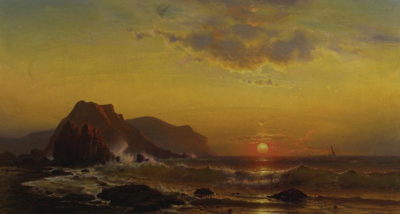 Sunset Over the Waves by Mauritz Frederick Hendrick de Haas, oil on canvas depicting a vibrant ocean sunset.