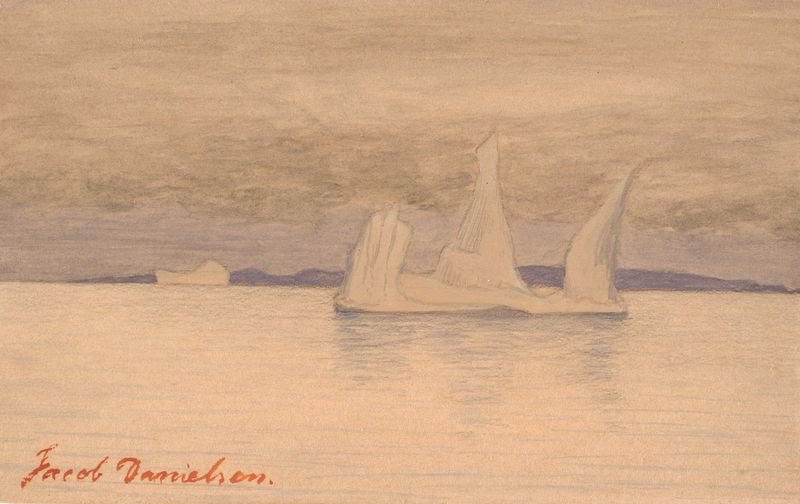 Icebergs in a serene landscape, oil on canvas by Jacob Danielsen