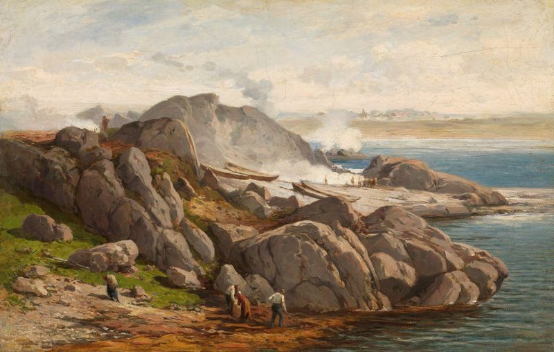 Burning of Sea Tangle by Johan Nielssen, oil painting depicting a stormy ocean at sunset.