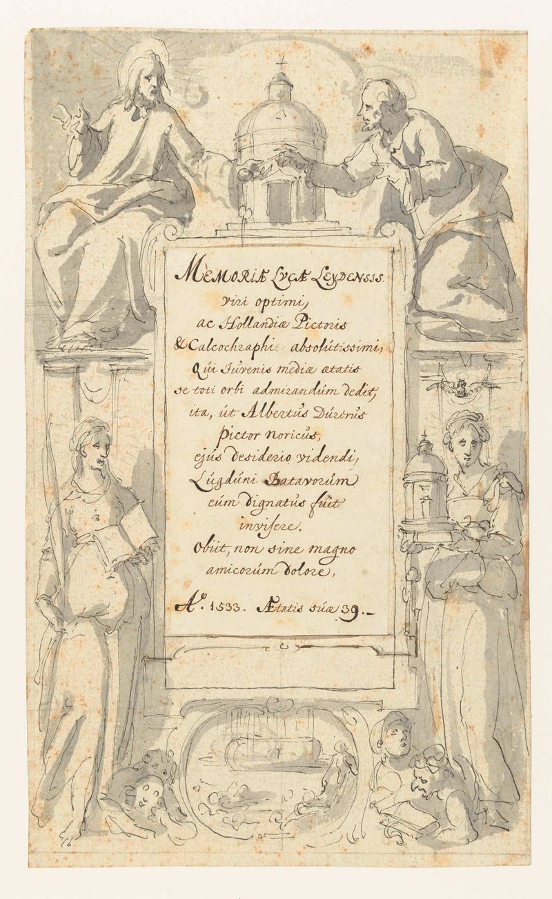 Desenho em papel com intrincados trabalhos em scroll e letras de Unknown Artist