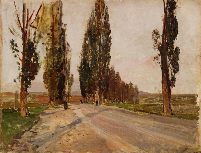 Boulevard of Poplars near Plankenberg by Emil Jakob Schindler, oil painting depicting lush foliage and sunlight.