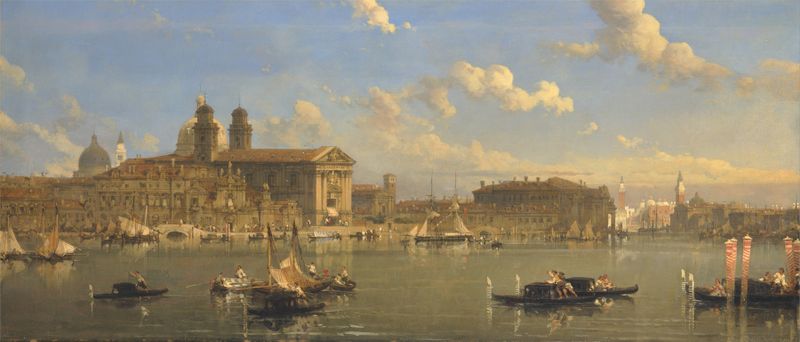 The Giudecca, Venice de David Roberts, óleo sobre tela retratando uma paisagem tranquila com água e arquitetura.