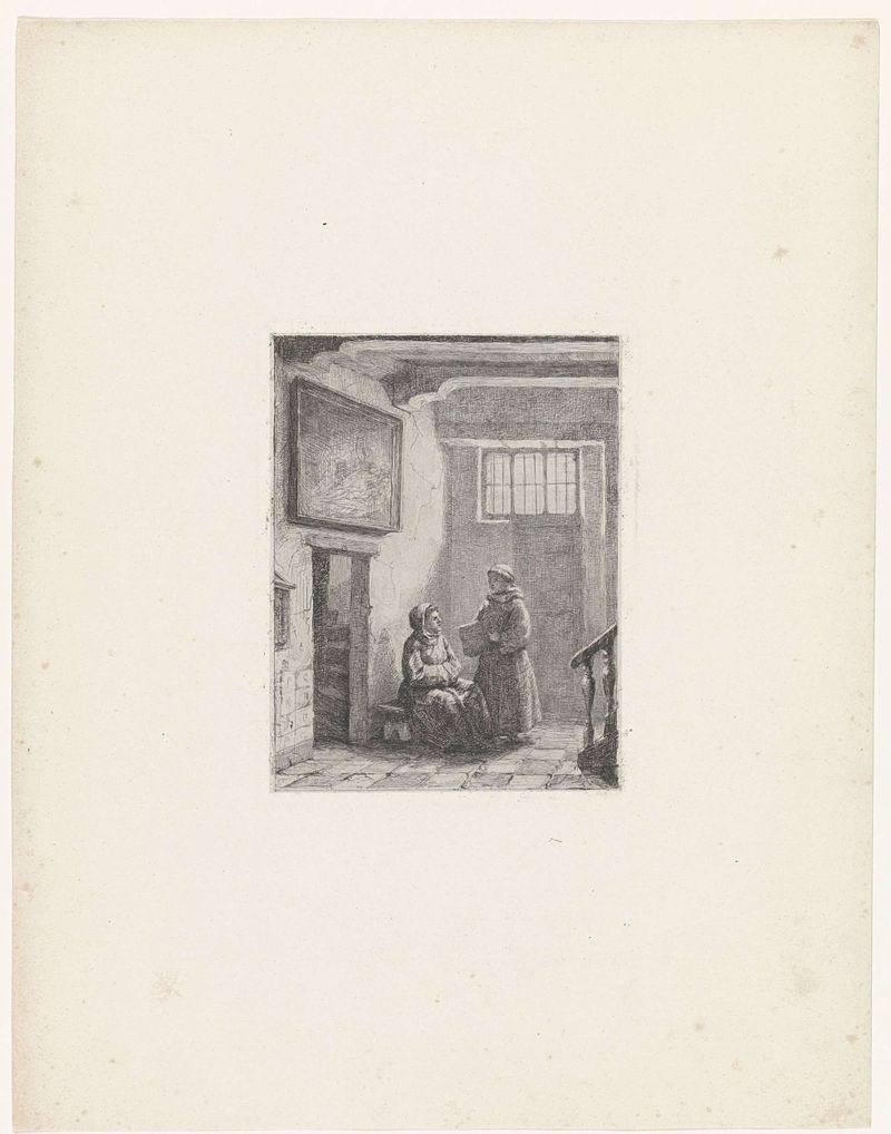 Zittende en staande monnik by David van der Kellen, etching of a seated monk in warm robes.
