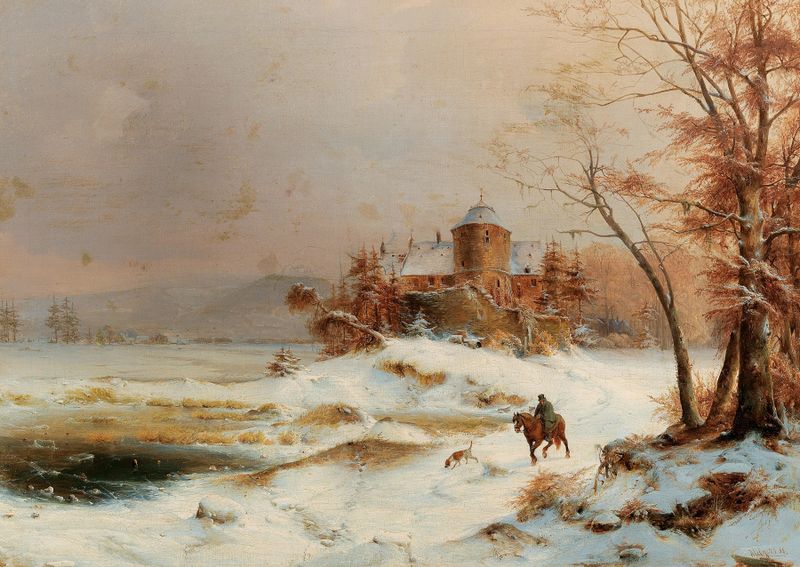 Riders in a vast winter landscape, oil painting by Carl Hilgers