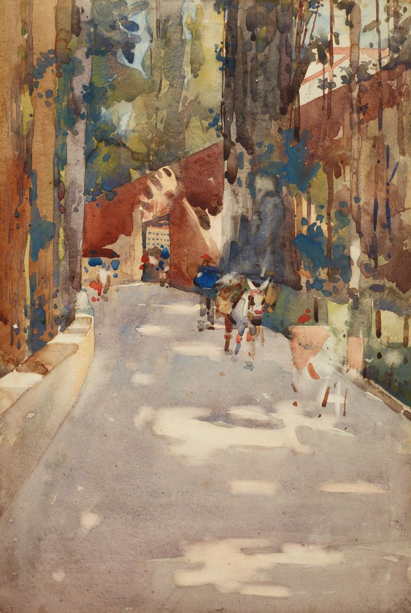 El Puerlie del Cano by Arthur Melville, watercolor on paper depicting vibrant colors and emotional figures.