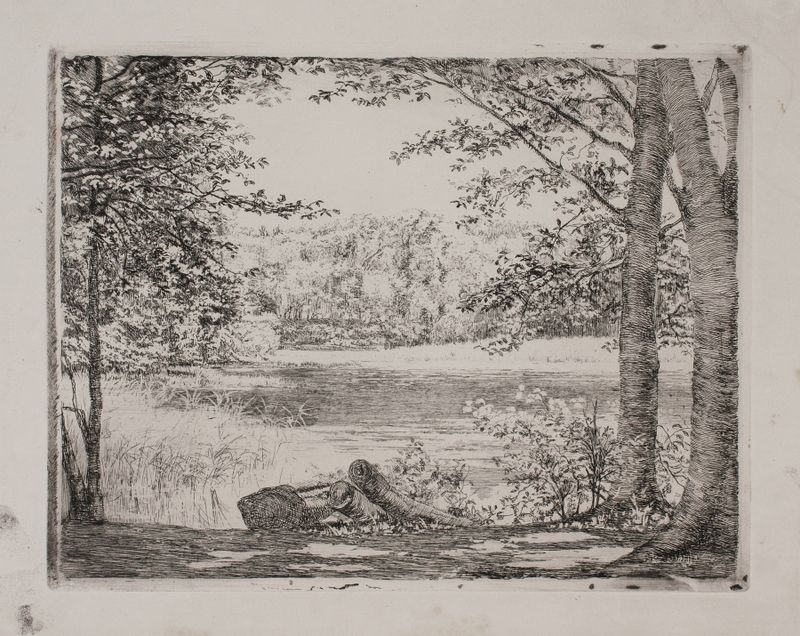 A forest lake near Hellebæk, oil painting by Carl Bloch, featuring tranquil water and lush greenery.