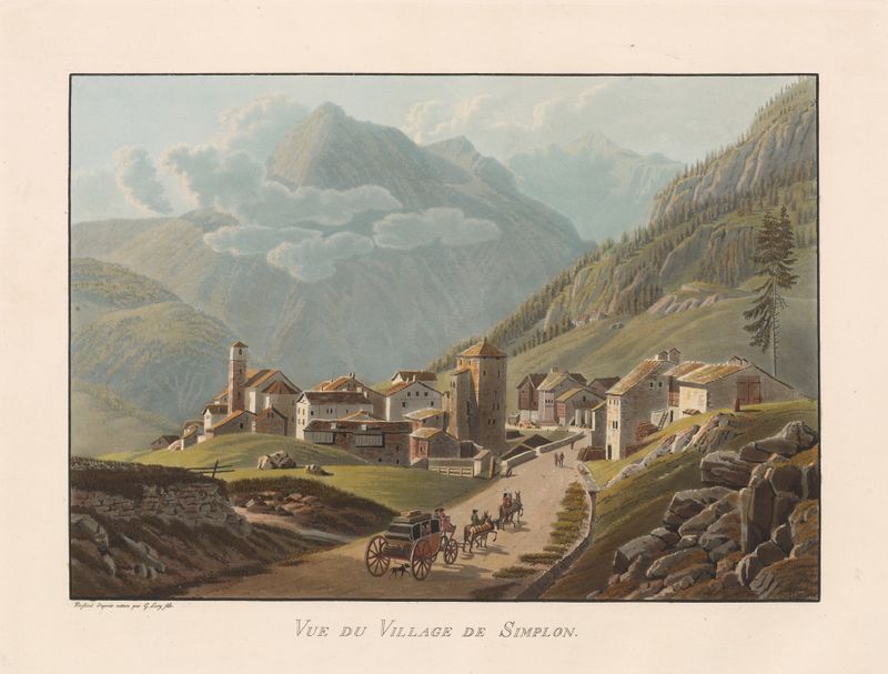Vue du village de Simplon by Gabriel Lory the Younger, oil painting depicting a village in the mountains.