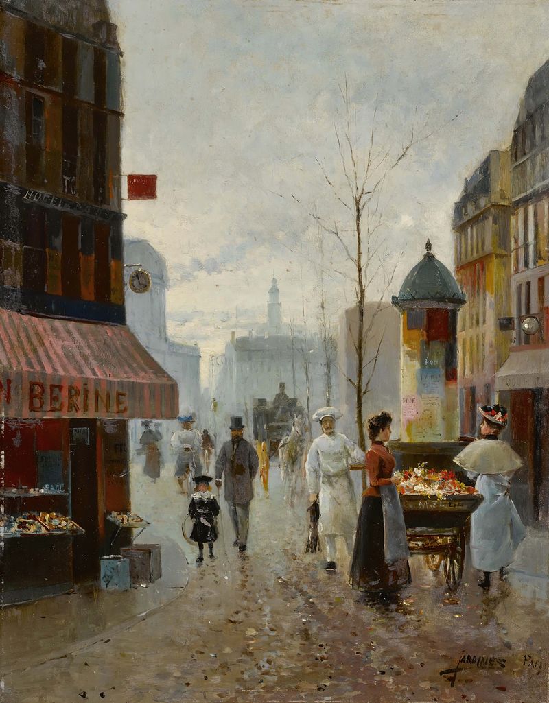 Genre scene of a Paris street with figures and cobblestones, by José María Jardines.