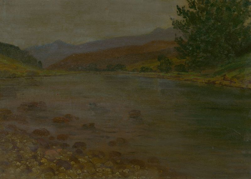 On the riverside by Ferdinand Katona, oil painting depicting tranquil waters and lush foliage.