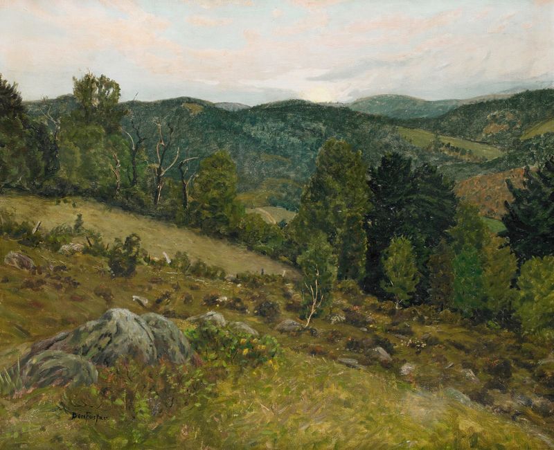 Early Moonrise by Ben Foster, oil painting depicting a twilight landscape with silhouettes of trees.
