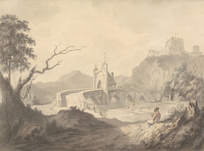 Escena de Río y Puente con Artista Dibujando, Romanticismo de Samuel Davis