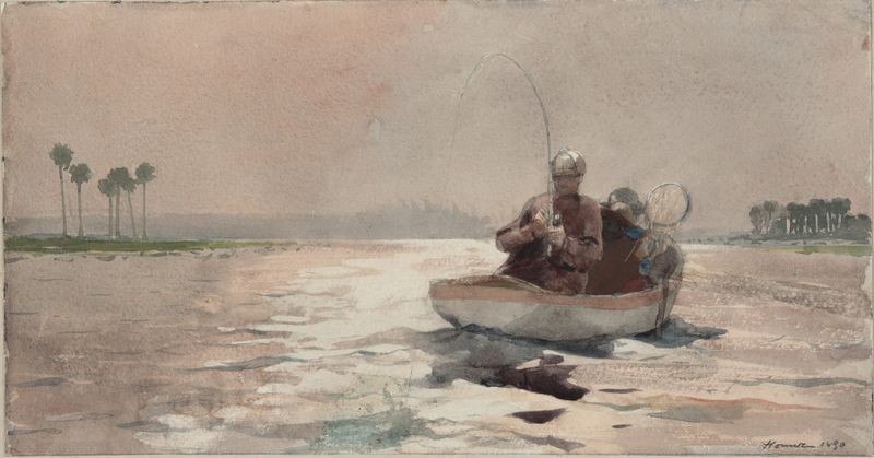Bass Fishing – Florida by Winslow Homer, oil painting of a fisherman in a boat on calm waters
