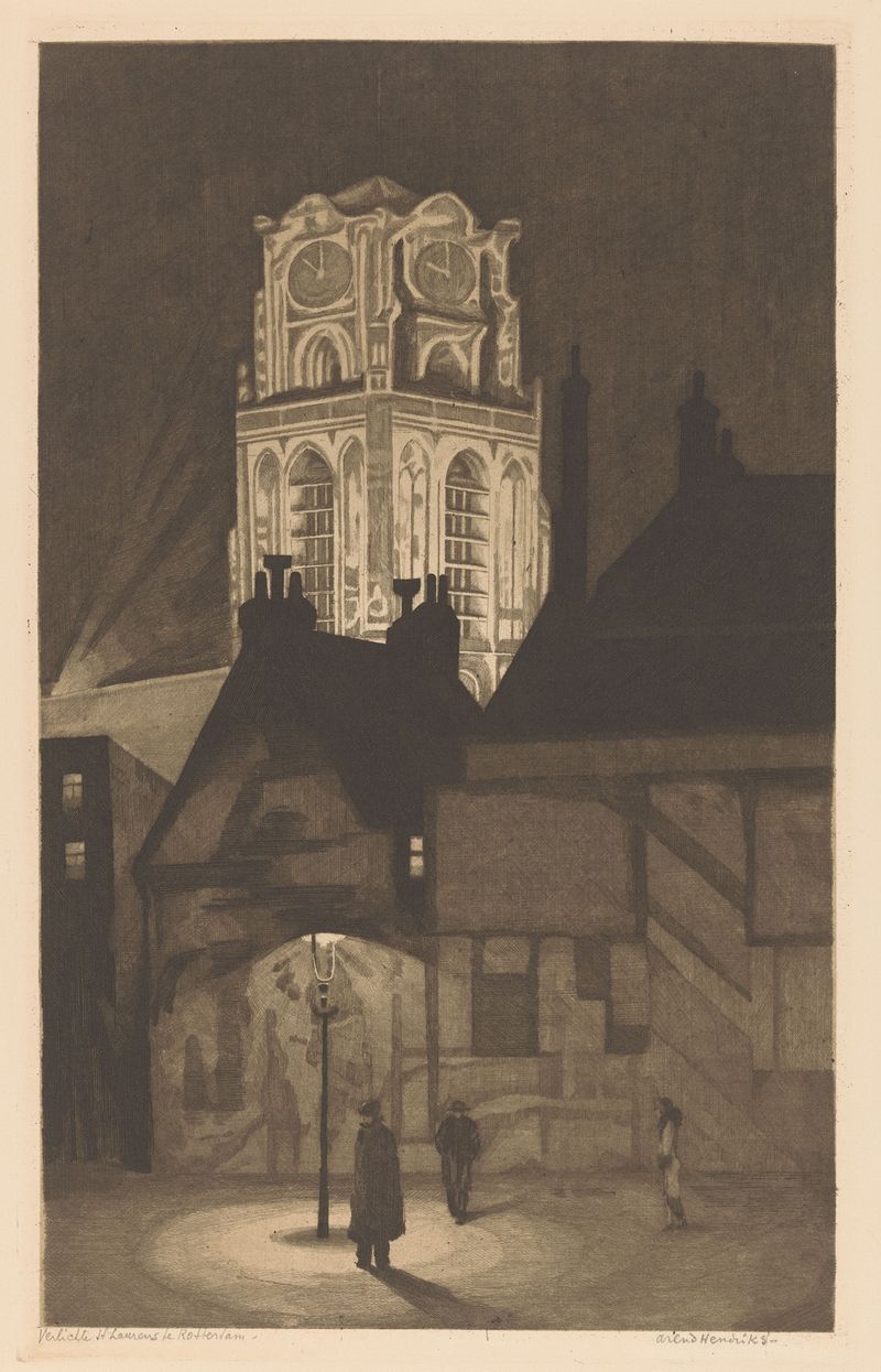 Verlichte Sint-Laurenskerk te Rotterdam, óleo sobre lienzo de Arend Hendriks