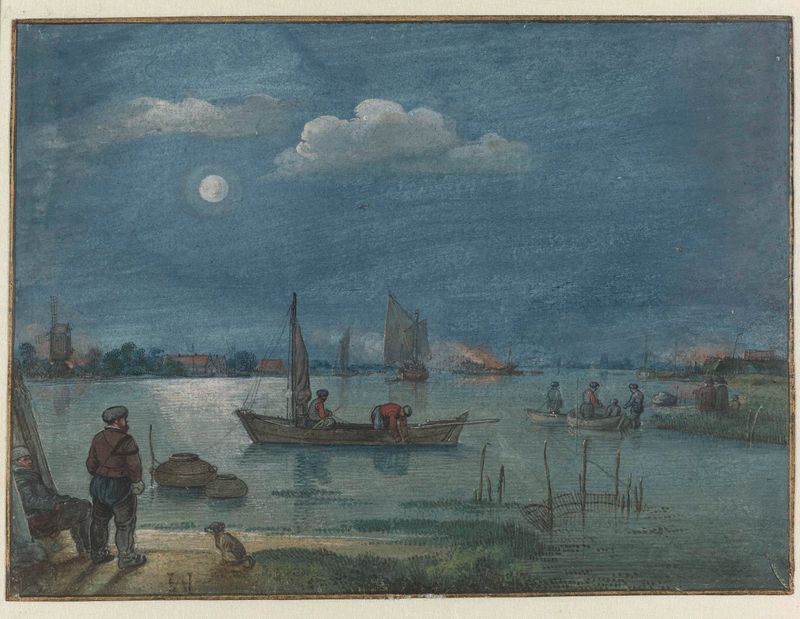 Paisaje fluvial iluminado por la luna con pescadores, medio dorado de Hendrick Avercamp
