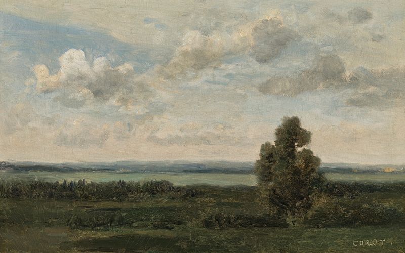 Paisaje de Plaines Orléanaises de Jean-Baptiste-Camille Corot, óleo sobre lienzo