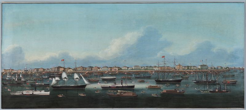 Cena marinha do Porto de Xangai, meio papel, de um artista não identificado