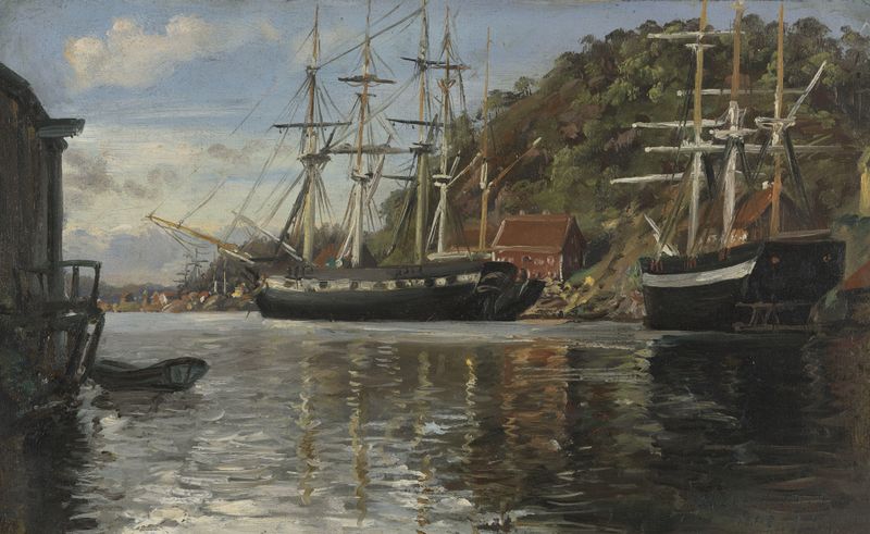 Marine scene with boats at sunset, oil on canvas by Siegwald Dahl