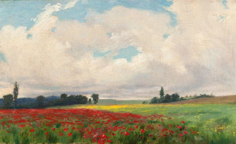 A French Poppy Field de Charles Francis Browne, óleo sobre tela, papoulas vibrantes ao sol