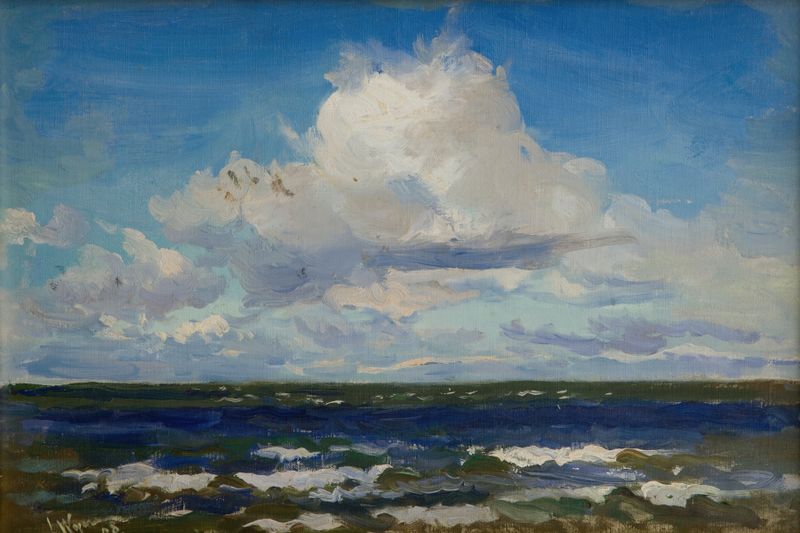 Marine scene with waves and sunlight by Leon Wyczółkowski, oil on canvas
