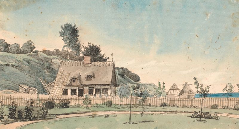 Kystlandskab med stråtækte huse de P. C. Skovgaard, paisagem com casas de palha, pintura a óleo