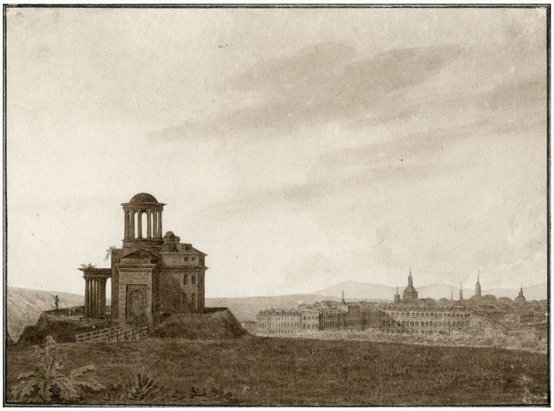 Pintura al óleo de paisaje de Otto Howen que muestra Madrid desde el palacio de Buen Retiro.