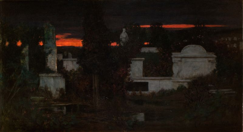 Italian Cemetery at Dusk by Adam Chmielowski, oil painting depicting tombstones at dusk