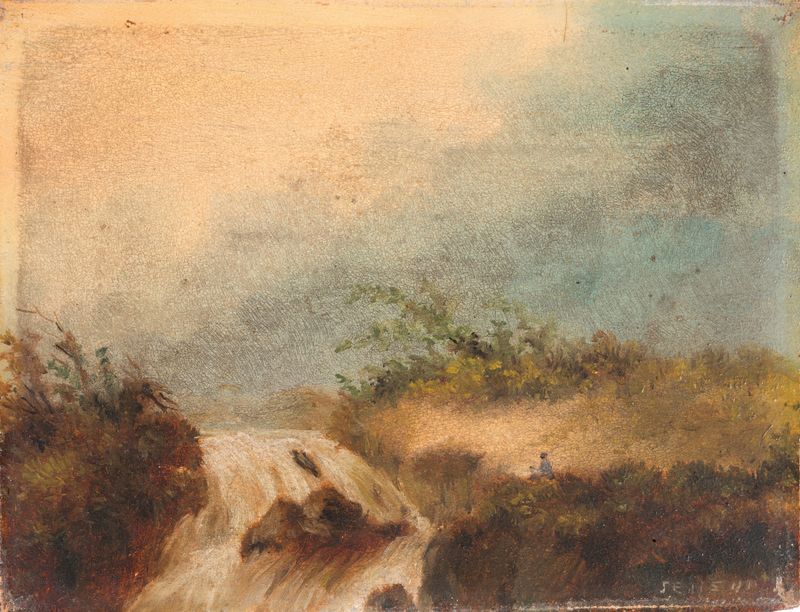 Landschap met waterval de James Ensor, óleo que muestra una cascada en un paisaje exuberante