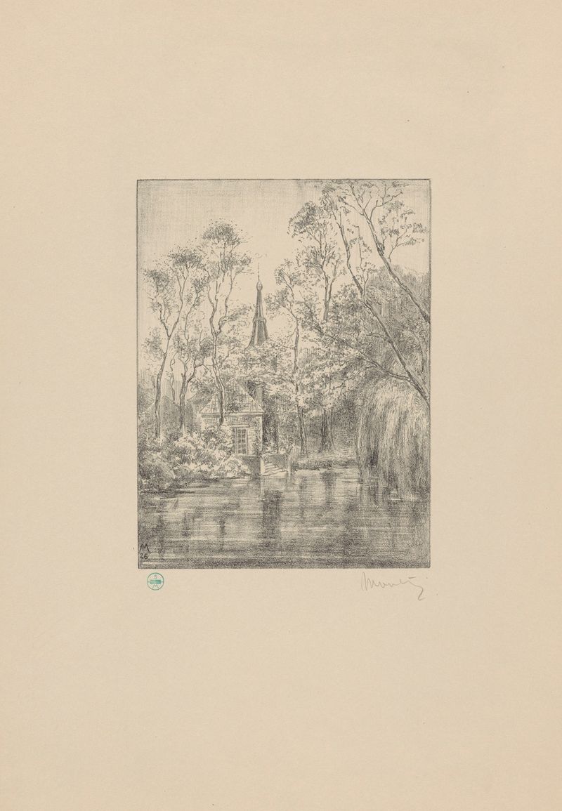 Pintura al óleo de paisaje de Simon Moulijn con una villa y reflejos en el agua