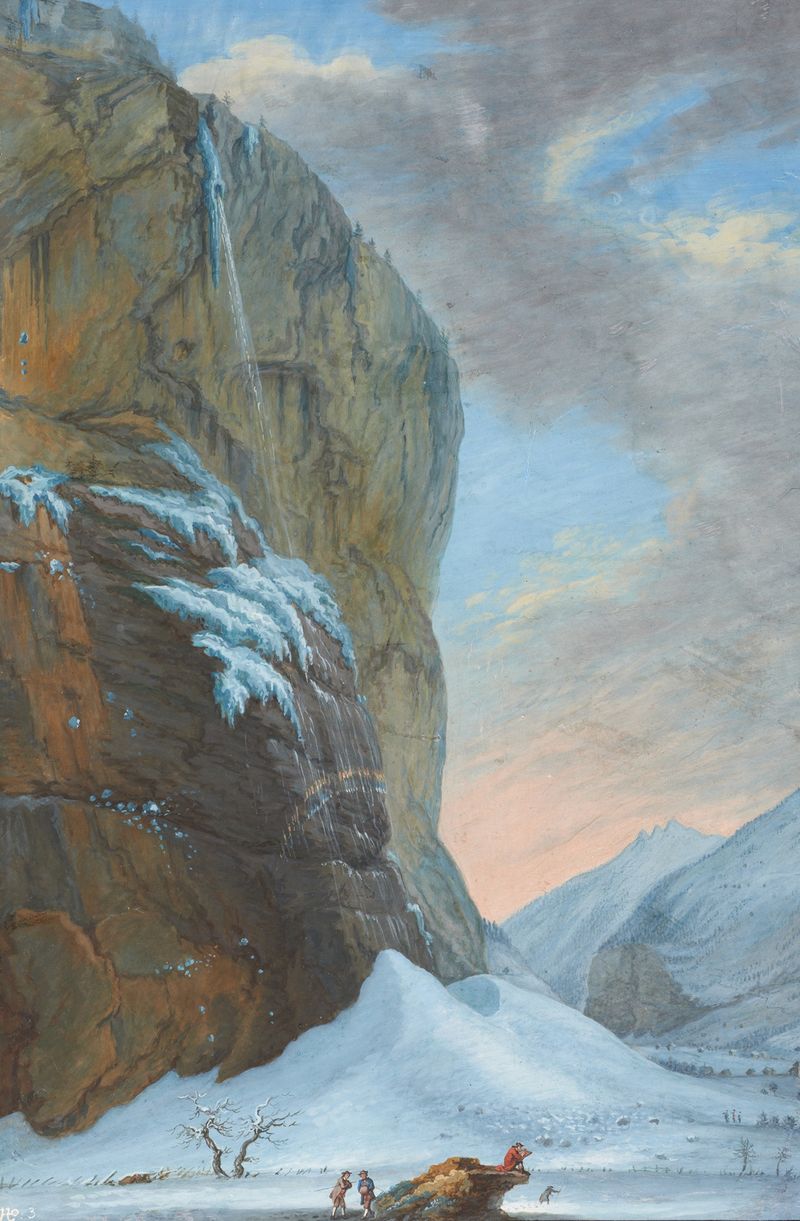 Winter landscape with a waterfall and frost, oil painting by Caspar Wolf