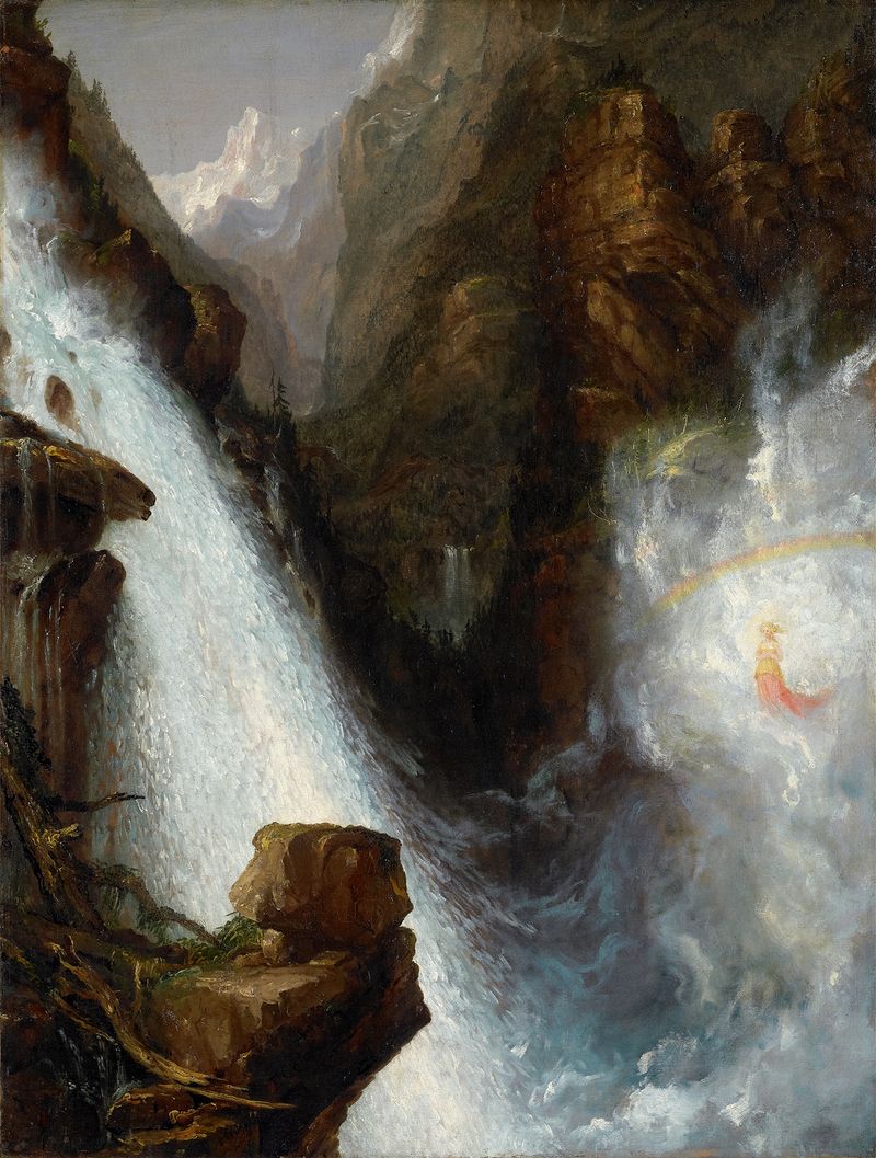 Scene from Byron’s 'Manfred' by Thomas Cole, oil painting depicting a figure in shadow against mountains.