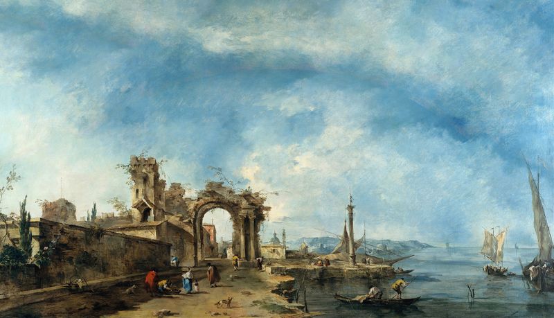 Paisaje rococó con un lago sereno al atardecer de Francesco Guardi
