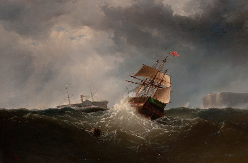 Shipping off the Coast in Stormy Sea, pintura al óleo de Charles T. Dix que muestra un barco luchando contra las olas torm...