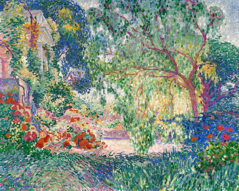 Paisaje con verdes vibrantes y suaves azules de Henri-Edmond Cross, pintura al óleo