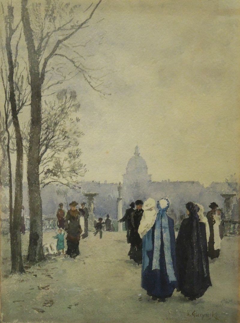 Stroll in the Park, pintura a óleo de Aleksander Gierymski, com figuras sob um dossel exuberante.