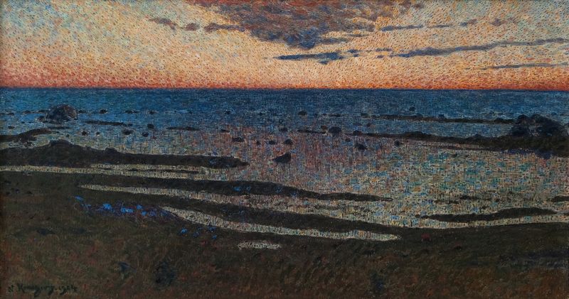 Summer Evening at Kalmarsund by Nils Kreuger, oil on canvas depicting a sunset over tranquil waters.