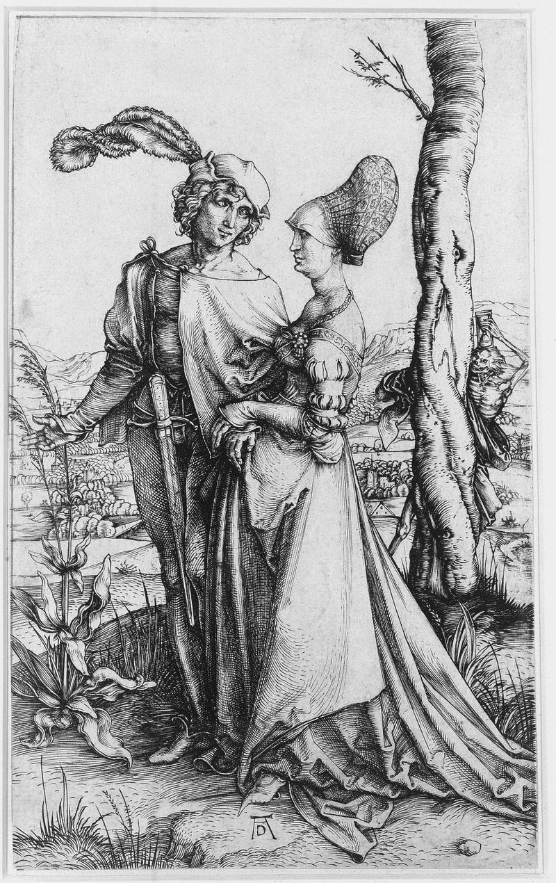 Engraving by Albrecht Dürer depicting a couple and Death.