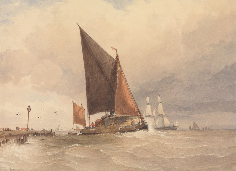 Sailing Barge at Sea by Edward Duncan, oil painting depicting a barge on vibrant ocean waters.