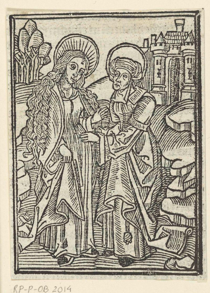 Cena religiosa de duas mulheres em um abraço, obra em papel de Master of Delft