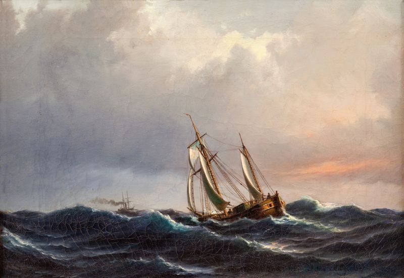 Um navio navegando em águas turbulentas ao pôr do sol, pintura a óleo de Anton Melbye