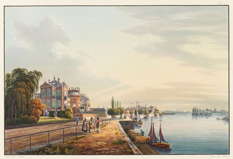 Paisagem com um château e jardim de Johann Ludwig Bleuler, pintura a óleo.