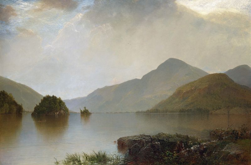 Lake George de John Frederick Kensett, pintura a óleo de um lago tranquilo e céu.