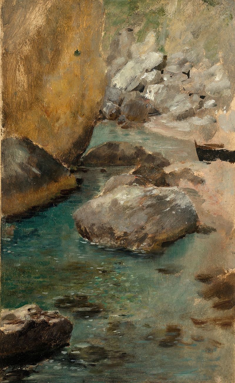 Marine scene with azure waters and rugged cliffs by Adolf Hirémy-Hirschl, oil painting