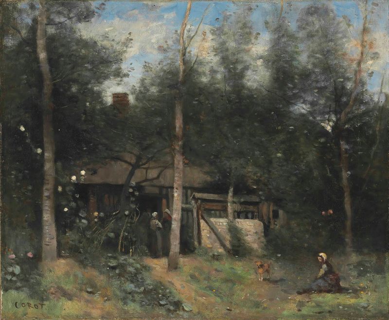 Paisagem com uma cabana cercada por vegetação, pintura a óleo de Jean-Baptiste-Camille Corot