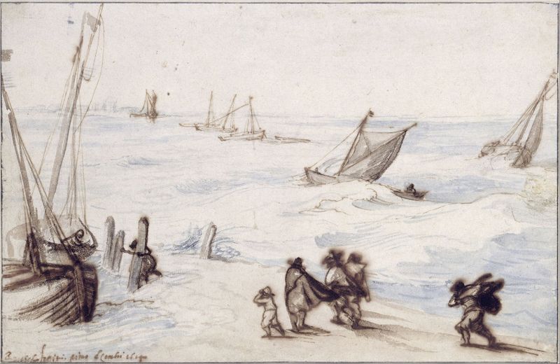 Playa con veleros y mar tormentoso de Jan Brueghel el Viejo, óleo